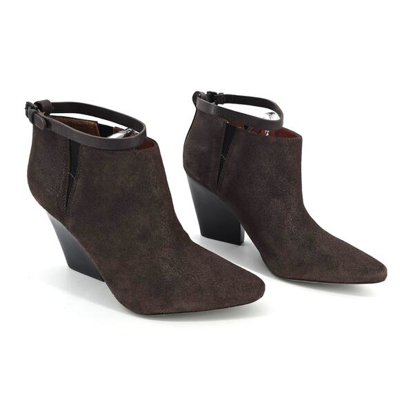 Rebecca Minkoff La Roux Brown Metallic Bootie Ankle Strap Wood Stacked Wedge 8.5 - Picture 3 of 9